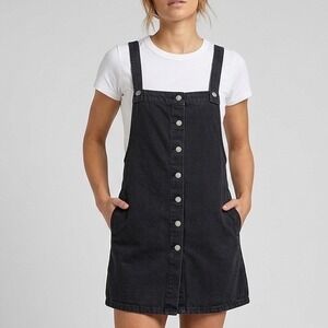 Urban Outfitters Black Denim Pinafore Dress Button Front Mini Jumper XS